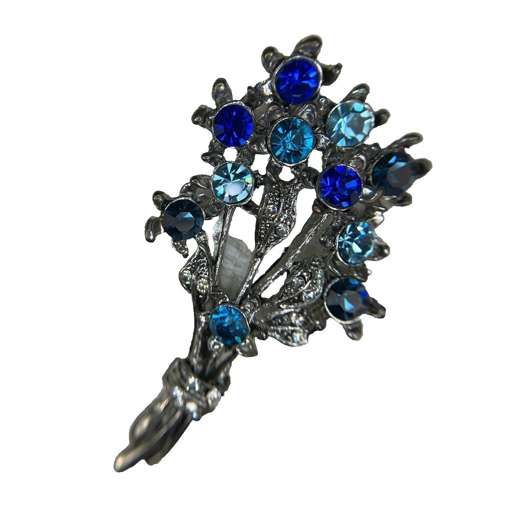 Vintage MCM Floral Bouquet Brooch Pin Silver Tone Blue & Aqua Rhinestones
